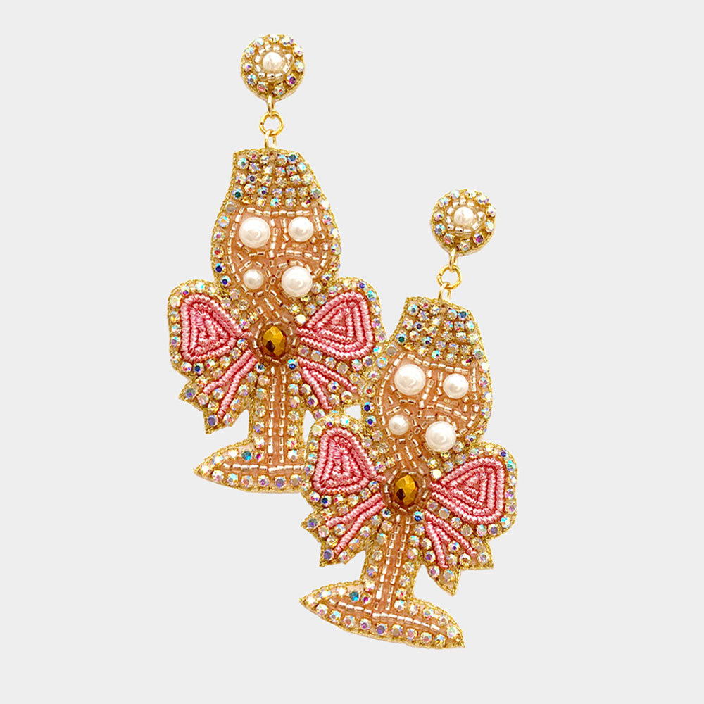 Champagne Flute Pearl Seed Beaded Crystal Earrings