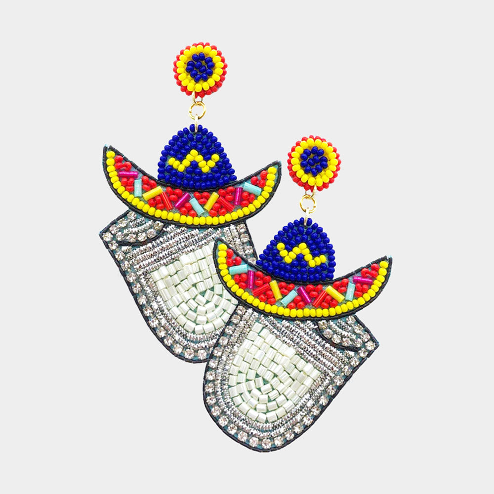 Mexican Sombrero Hat Tequila Shot Cocktail Beaded Earrings