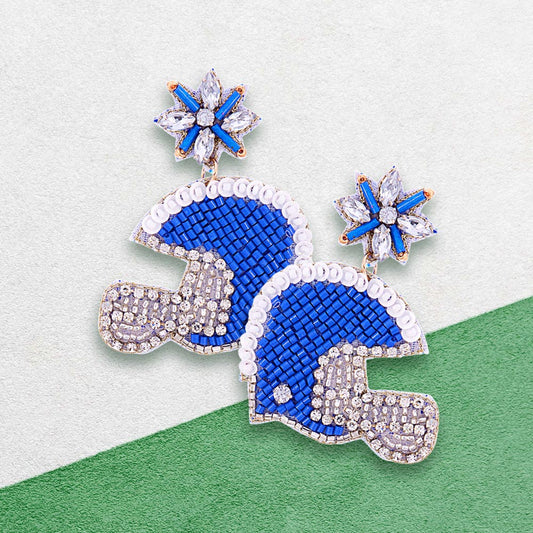 Blue White Football Team Colors Beaded Crystal Helmet Earrings