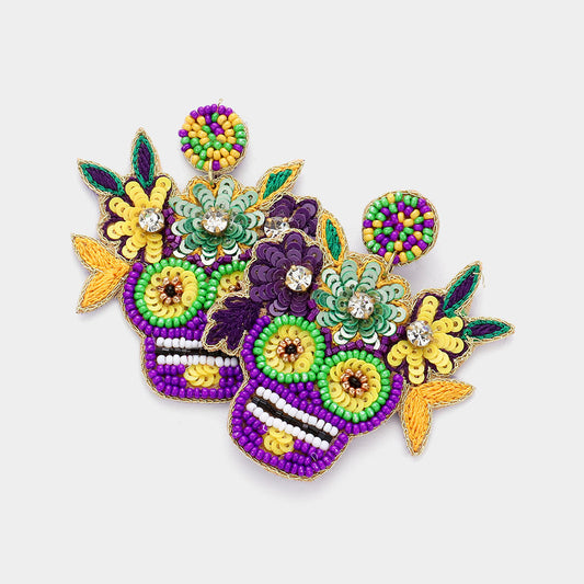 Mardi Gras Day of Dead Sugar Skull Beaded Earrings