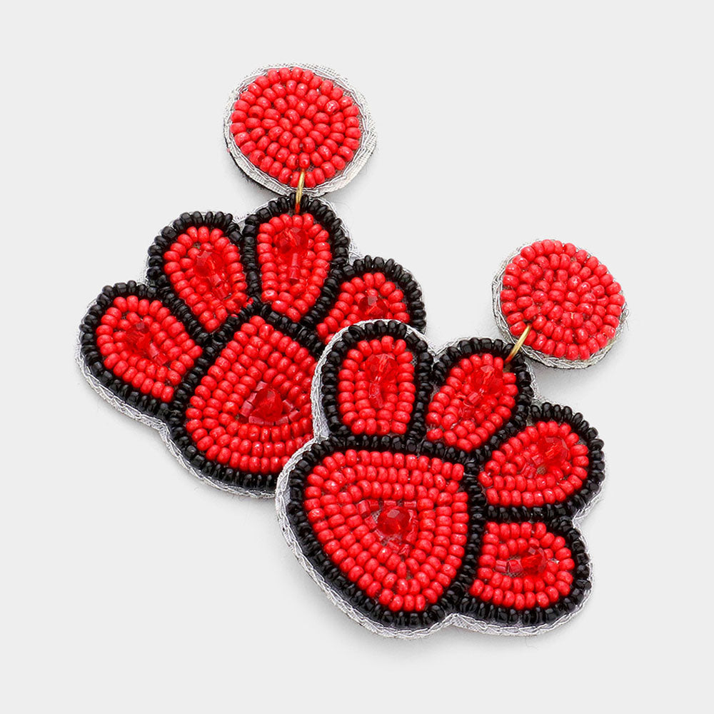 Black Red Football Team Colors Paw Beaded Earrings