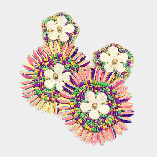 Mardi Gras Flower Beaded Round Dangle Earrings