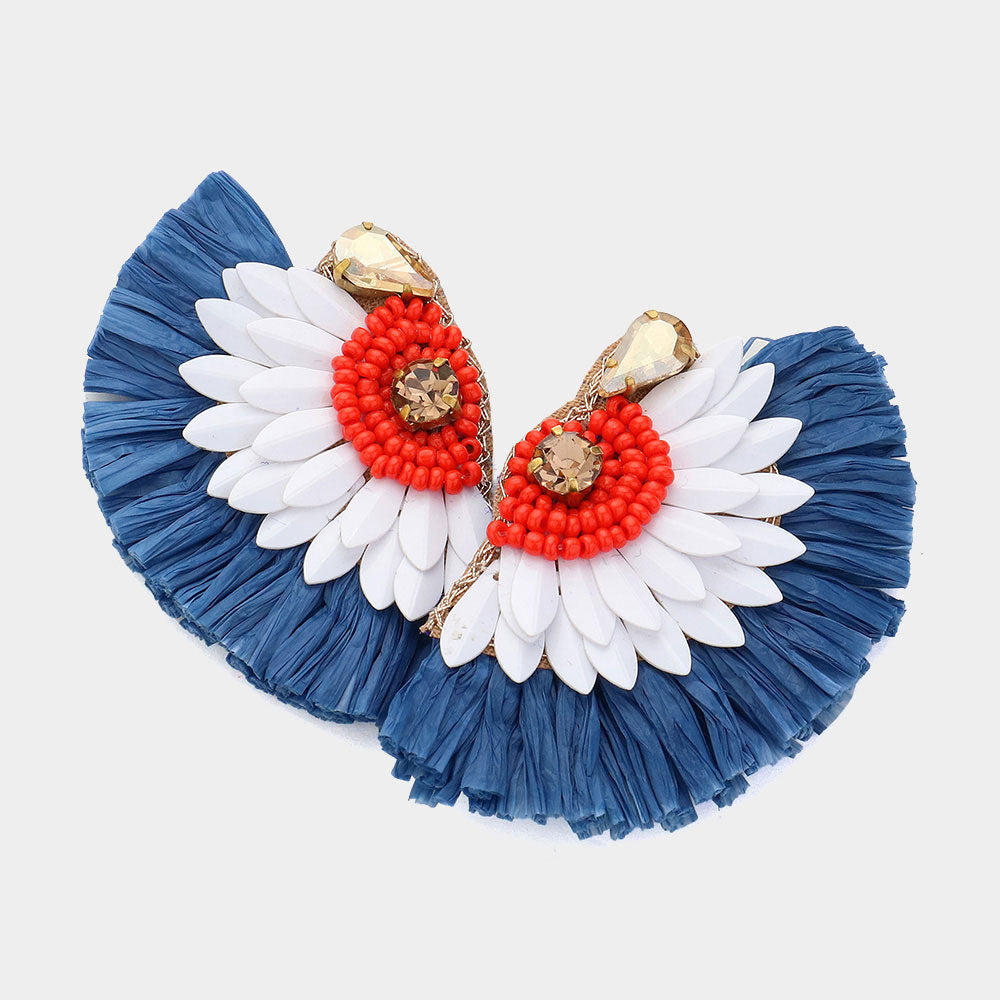 American USA Patriotic Raffia Fan Earrings