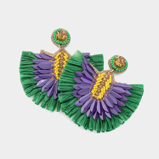 Mardi Gras Raffia Fan Dangle Earrings