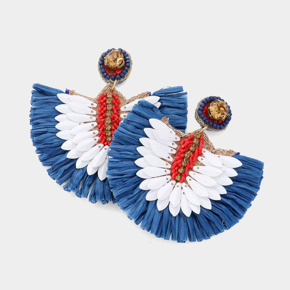 American USA Patriotic Raffia Fan Dangle Earrings
