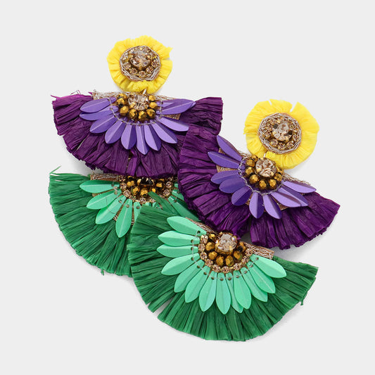 Mardi Gras Raffia Fan Link Earrings