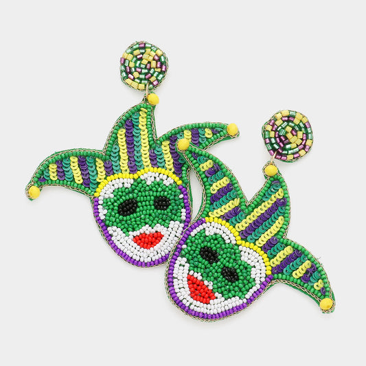 Mardi Gras Sequin Beaded Jester Pierrot Earrings