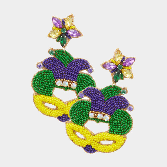 Mardi Gras Beaded Dangle Mask Earrings