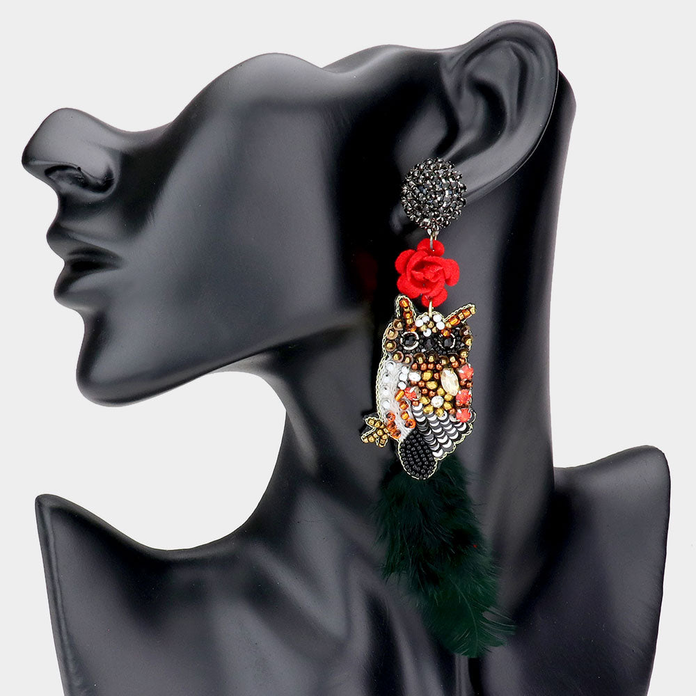Crystal Bead Feather Owl Statement Earrings