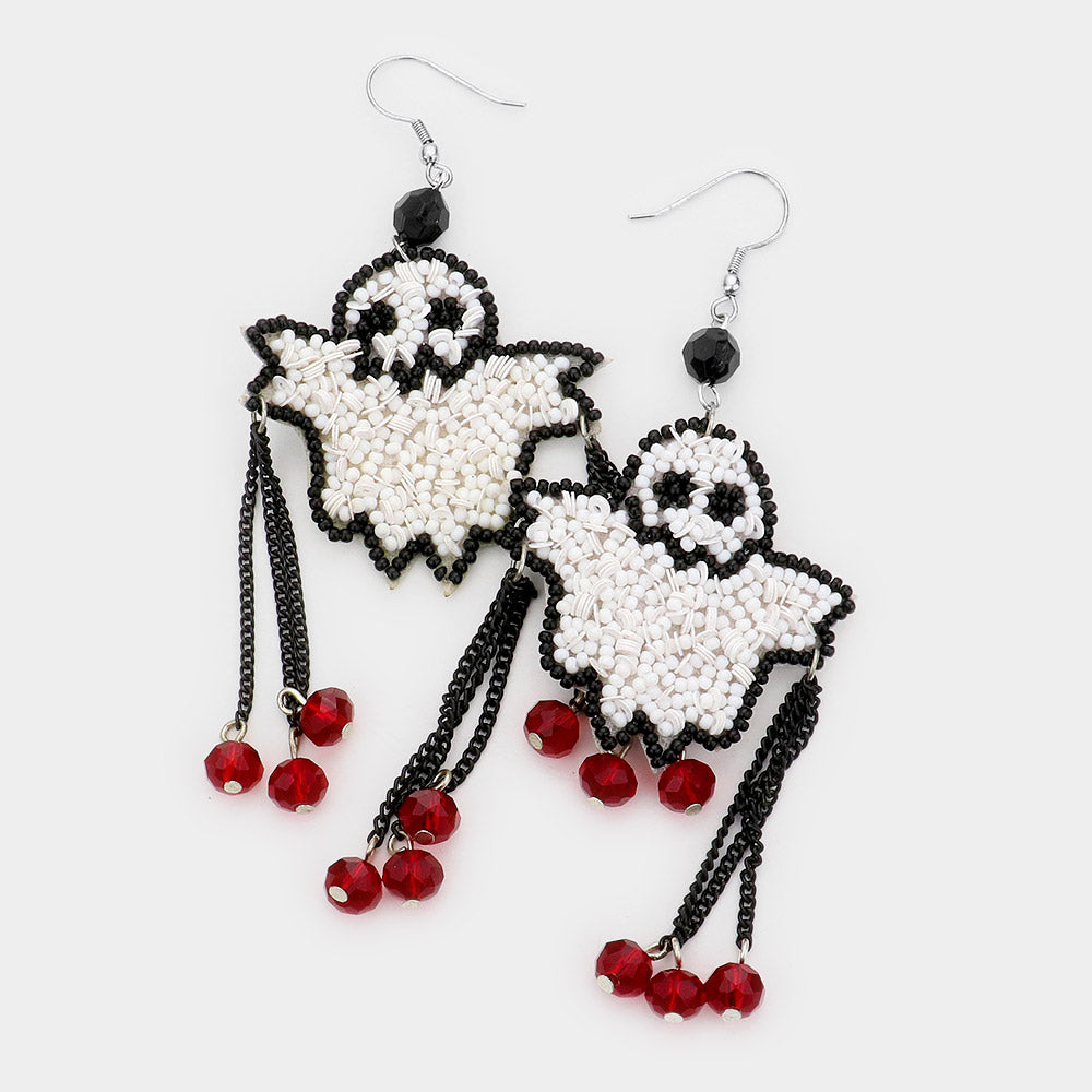 Halloween Austrian Crystal Seed Beaded Spooky Ghost Dangle Earrings