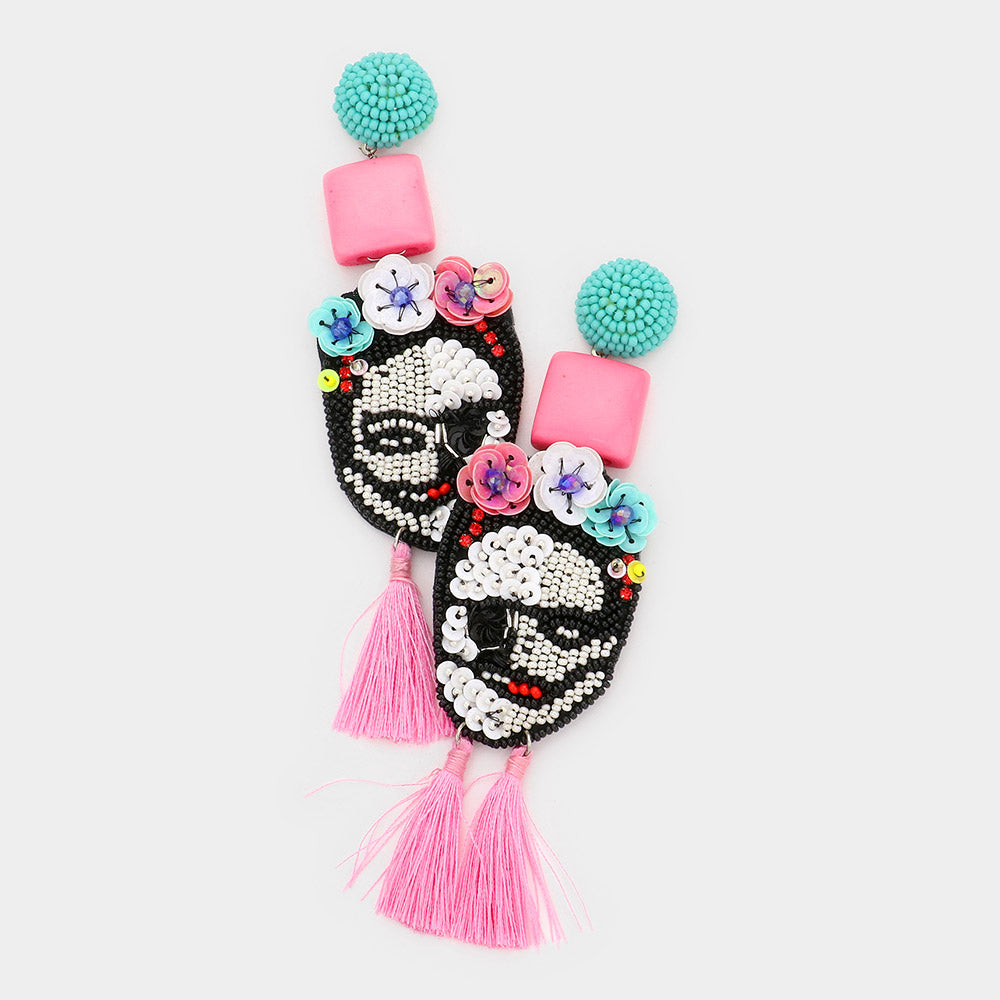 Zombie Frida Kahlo Boho Bead Tassel Pink Statement Earrings