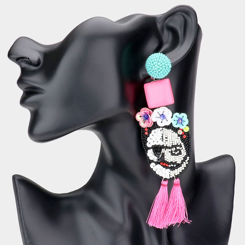 Zombie Frida Kahlo Boho Bead Tassel Pink Statement Earrings