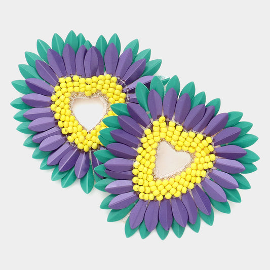 Mardi Gras Seed Beaded Feather Heart Earrings