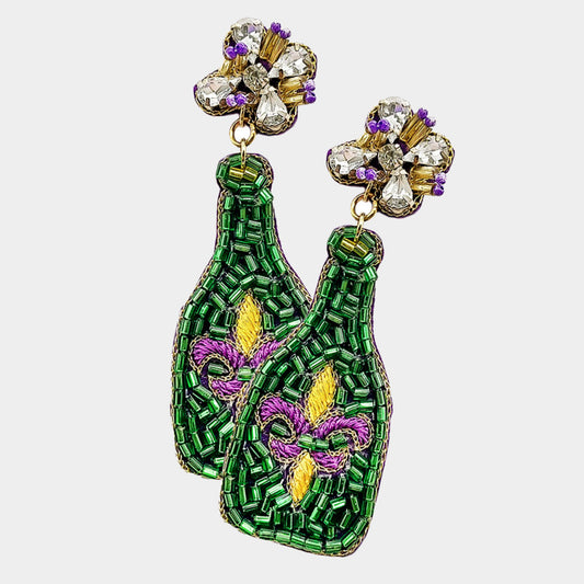 Mardi Gras Beaded Wine Bottle Dangle Earrings