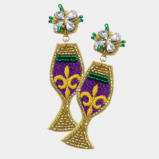 Mardi Gras Fleur de Lis Beaded Wine Glass Earrings