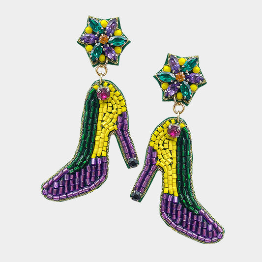 Mardi Gras Rhinestone Beaded Stiletto Shoes Earrings