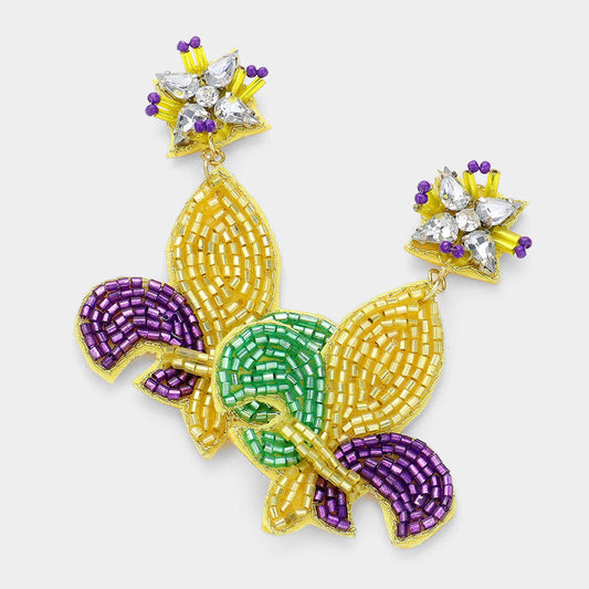 Mardi Gras Beaded Fleur De Lis Dangle Earrings