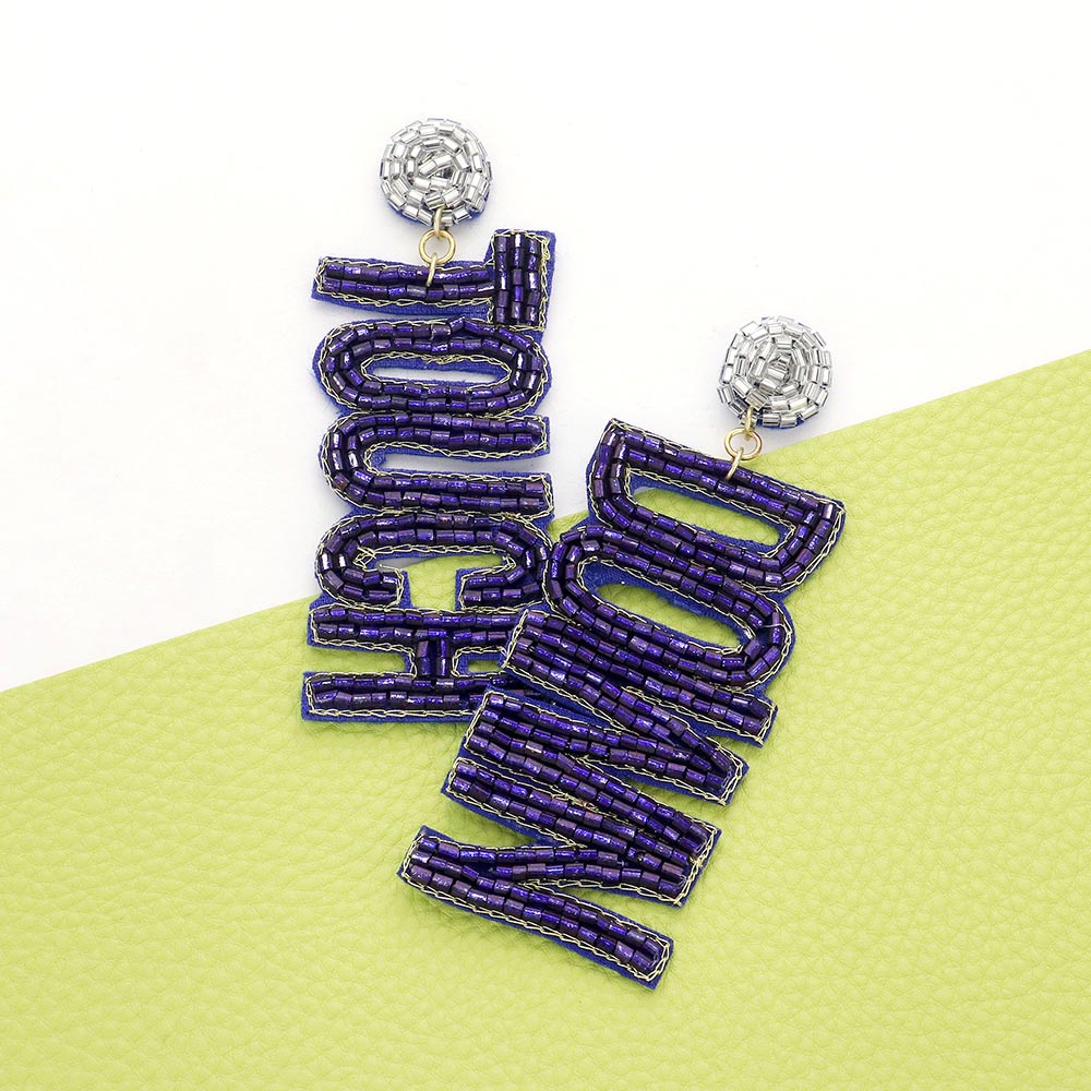Blue Silver Football TOUCH DOWN Beaded Earrings