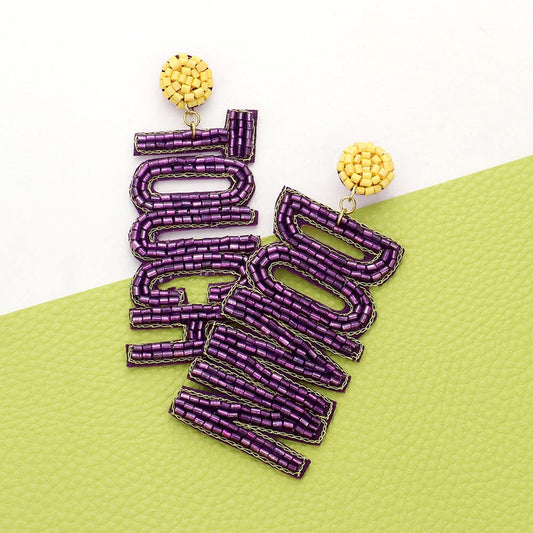 Purple Yellow Football Team Colors TOUCH DOWN Beaded Earrings