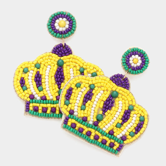 Seed Beaded Mardi Gras Crown Dangle Earrings