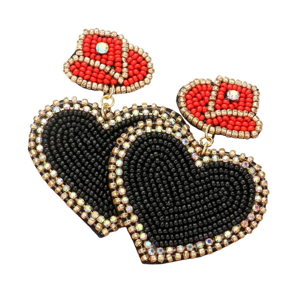 In Love With A Cowboy Beaded Black Heart Earrings