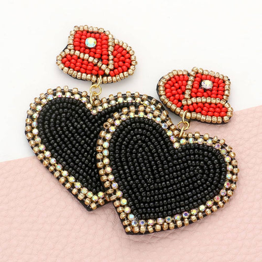 In Love With A Cowboy Beaded Black Heart Earrings