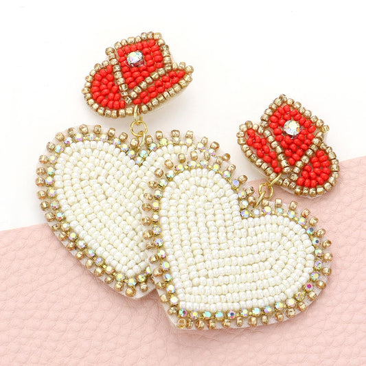 In Love With A Cowboy Beaded Ivory Heart Earrings