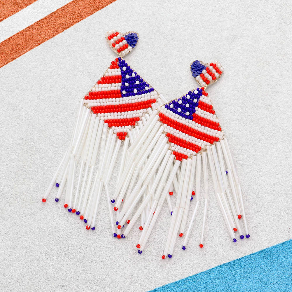 American USA Flag Patriotic Beaded Fringe Earrings