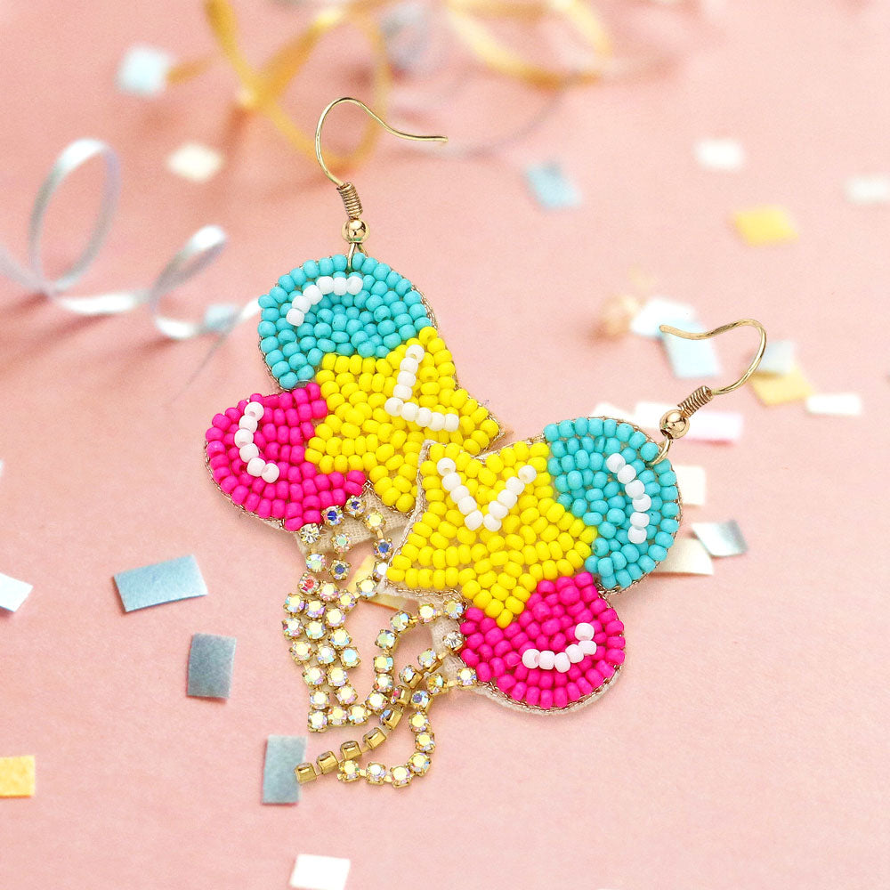 Birthday Celebration Beaded Rhinestone Fringe Star Balloon Earrings