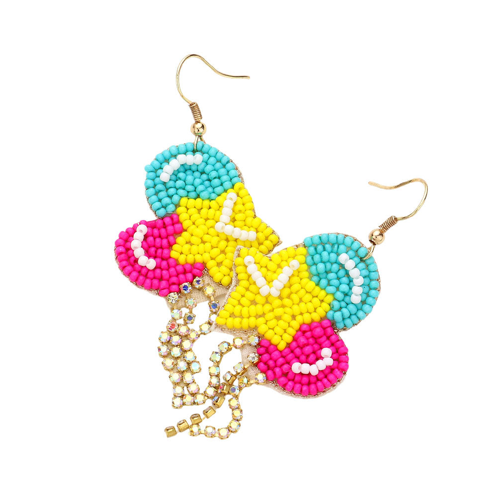 Birthday Celebration Beaded Rhinestone Fringe Star Balloon Earrings