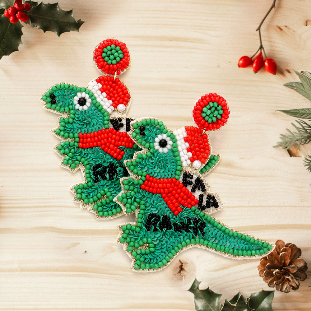 Dinosaur Seed Beaded Christmas Holiday Earrings