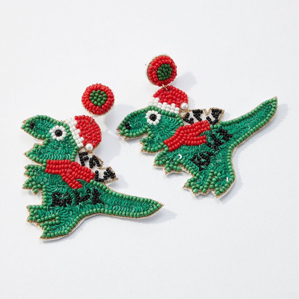 Dinosaur Seed Beaded Christmas Holiday Earrings
