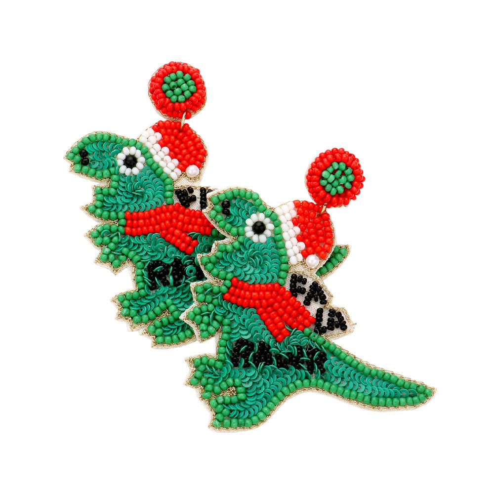 Dinosaur Seed Beaded Christmas Holiday Earrings