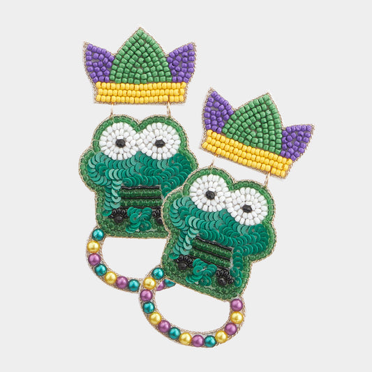 Mardi Gras Crocodile Alligator Beaded Earrings