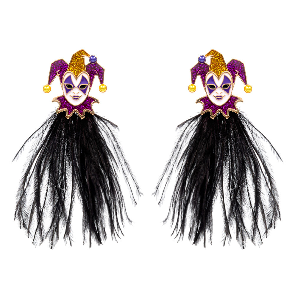 Mardi Gras Glittered Jester Feather Earrings