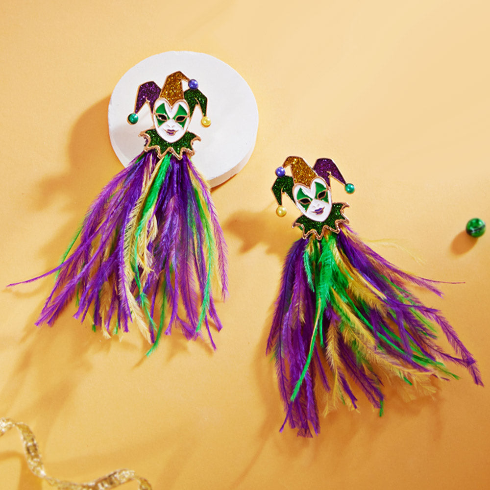 Mardi Gras Glittered Jester Feather Earrings