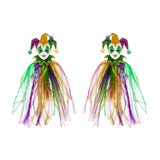 Mardi Gras Glittered Jester Feather Earrings