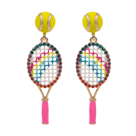 Pendientes de raqueta de tenis rojos con cuentas y purpurina