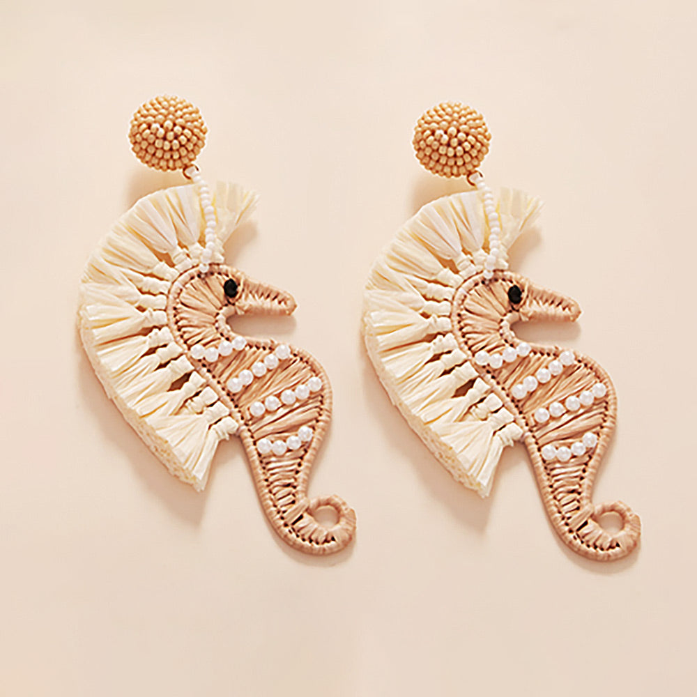 Raffia Seahorse Pearl Embellished Earrings