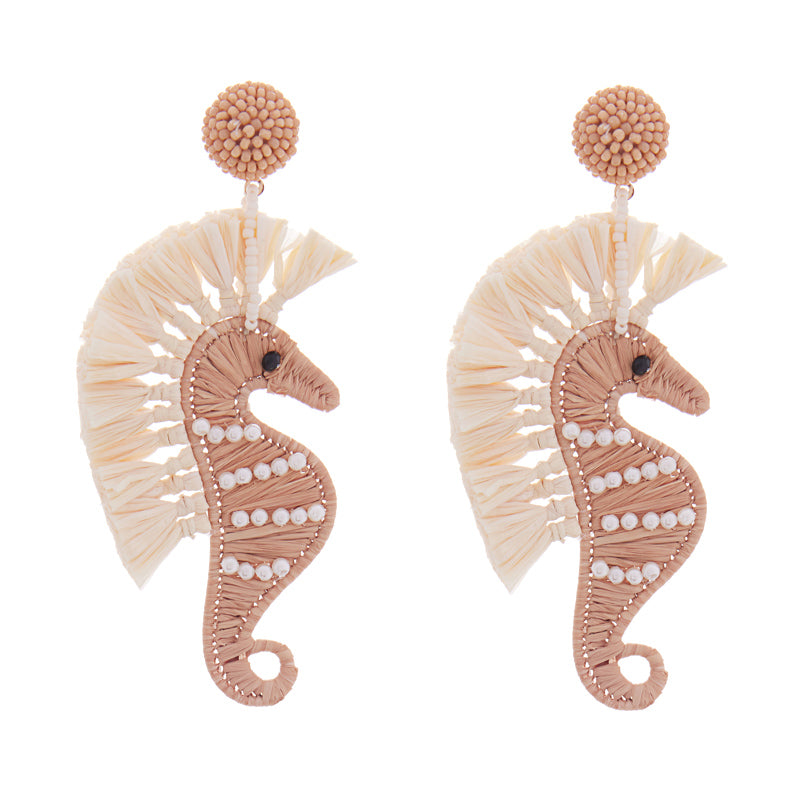 Raffia Seahorse Pearl Embellished Earrings