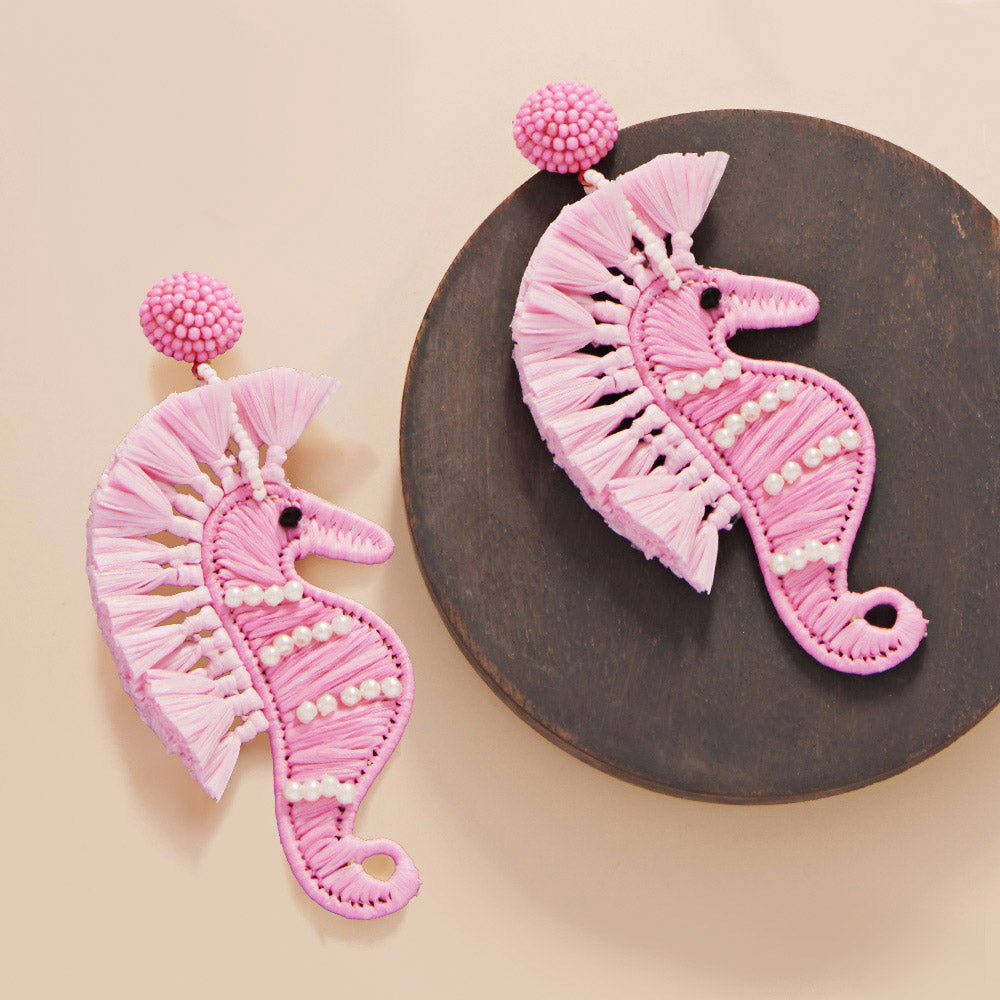 Raffia Seahorse Pearl Embellished Earrings