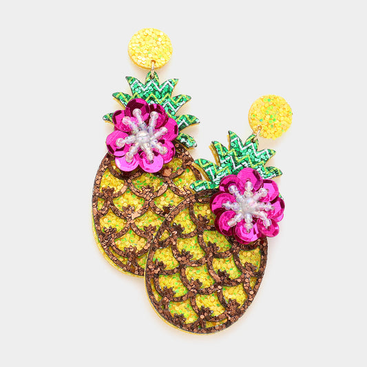 Bead Embellished Glittered Pineapple Dangle Earrings