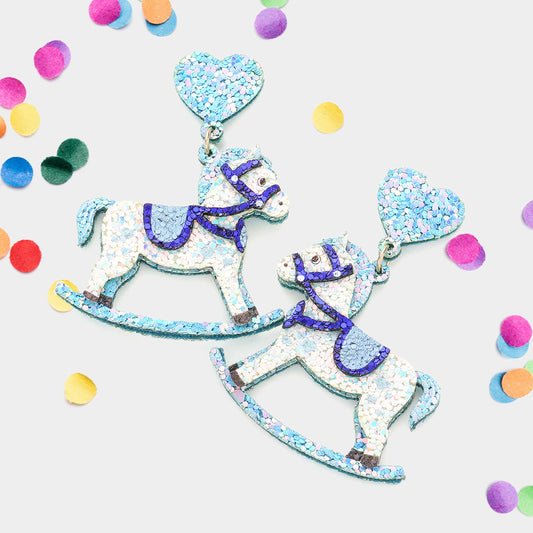 Pink GIRL Blue BABY BOY Glitter Rocking Horse Earrings