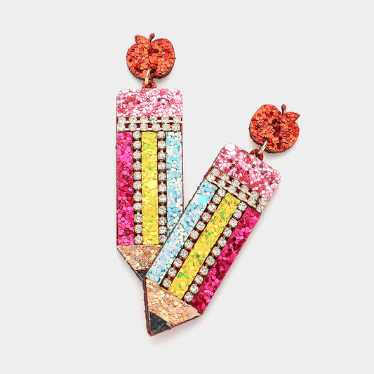 Teacher School Pencil Sequin Rhinestone Earrings