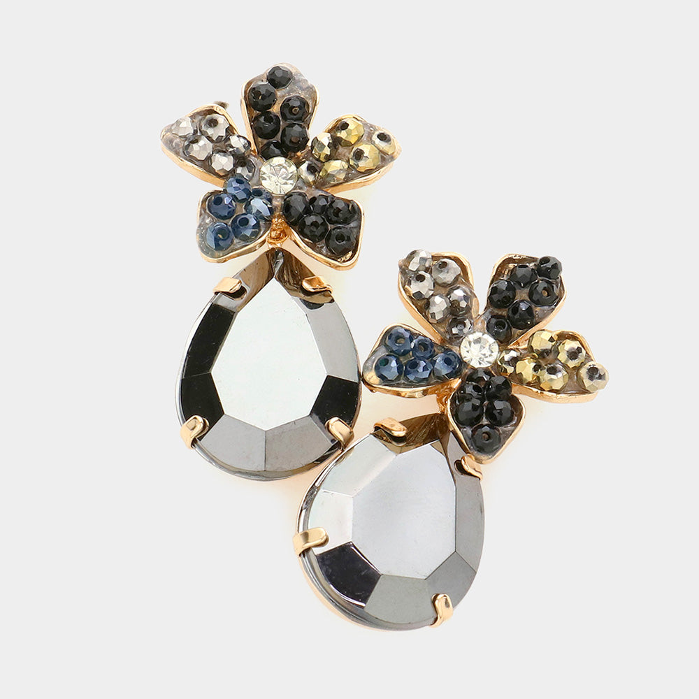Beaded Flower Teardrop Crystal Earrings