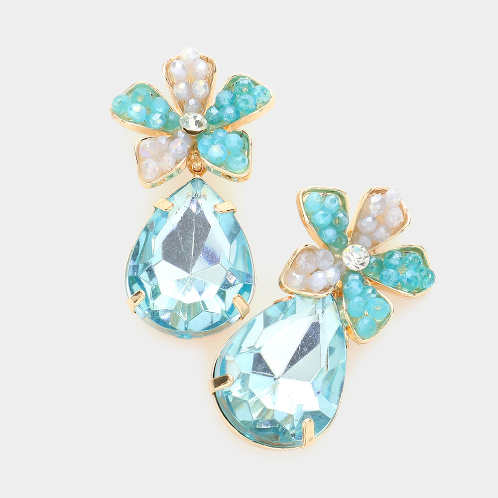 Beaded Flower Teardrop Crystal Earrings