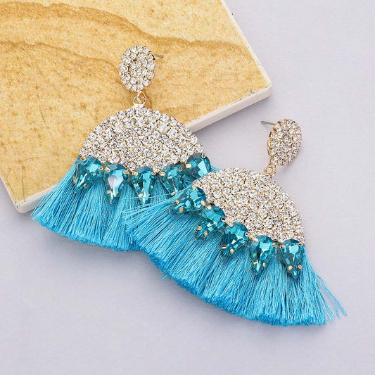 Becca CZ Crystal Tassel Fringe Earrings in Azure Blue
