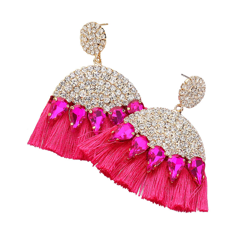 Becca CZ Crystal Tassel Fringe Earrings in Fuchsia Pink