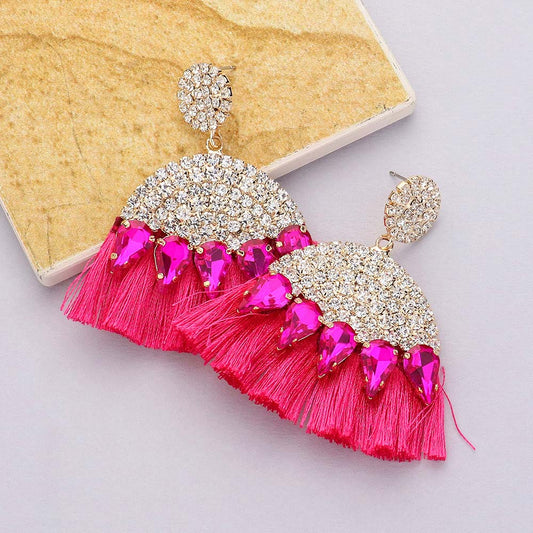 Becca CZ Crystal Tassel Fringe Earrings in Fuchsia Pink