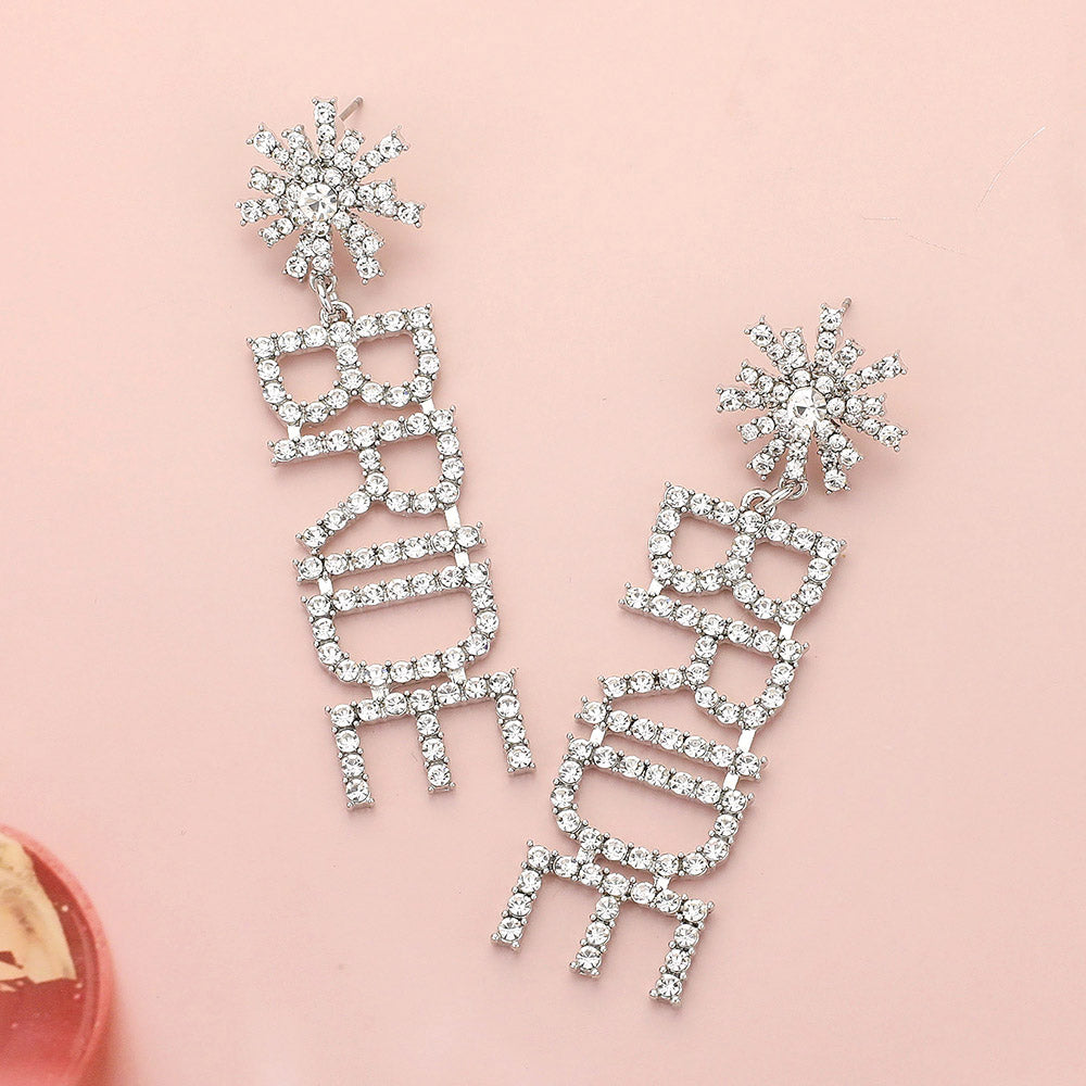 BRIDE Rhinestone Word Dangle Earrings